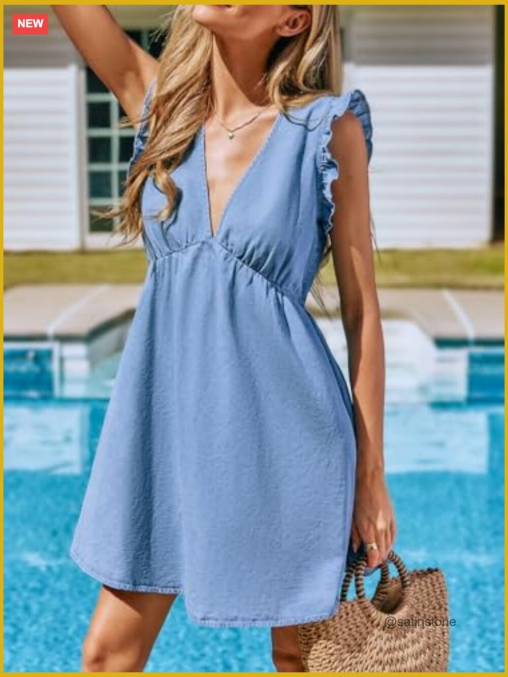 Women's Denim Summer Dress Cotton Plunging V Neck Casual Sundress Ruffle - Picture 5 of 7